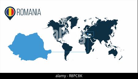 La Romania posizione sulla mappa del mondo per infographics. Tutti i paesi del mondo senza nomi. La Romania round tricolore nella mappa il pin o il marcatore. illustratio vettore Illustrazione Vettoriale