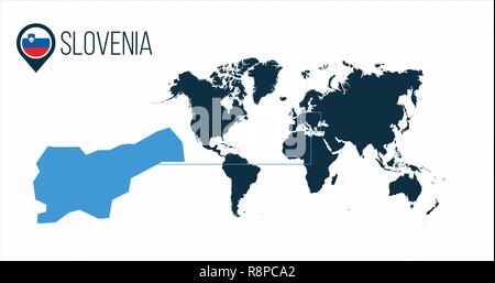 La Slovenia posizione sulla mappa del mondo per infographics. Tutti i paesi del mondo senza nomi. La Slovenia round tricolore nella mappa il pin o il marcatore. vector illustrat Illustrazione Vettoriale