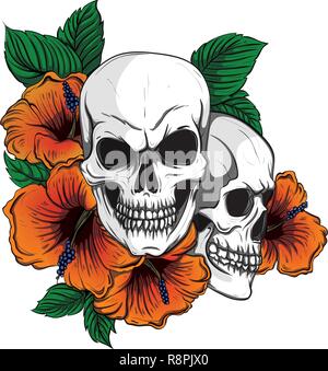 Cranio di ricamo e rose rosse. Dia de Muertos, il giorno della morte art. Gotico ricamo romanntic teschi umani red rose e peonie rosa Illustrazione Vettoriale