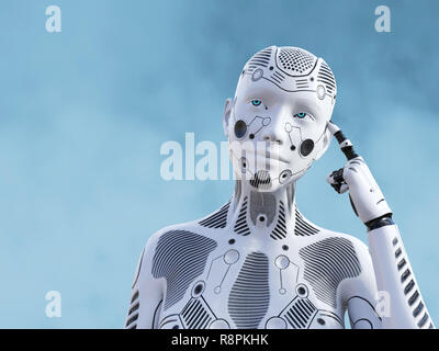 3D rendering di un robot femmina guardando come lei sta pensando a qualcosa usando la sua intelligenza artificiale. Foto Stock