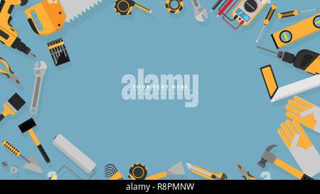 Telaio di confine di colore giallo strumenti imposta come sfondo con la copia in bianco lo spazio per il tuo testo. illustrazione vettoriale di una parte del set di strumenti le icone isolati su bl Illustrazione Vettoriale