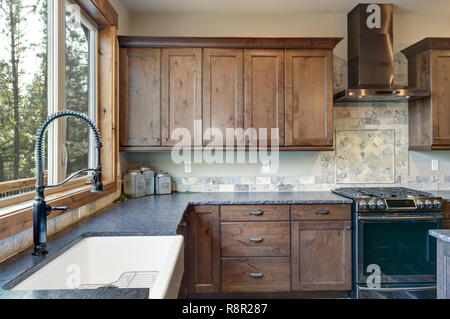 Lussuosa cucina a pianta aperta design con ripiani in granito ed elettrodomestici di acciaio inossidabile. Foto Stock