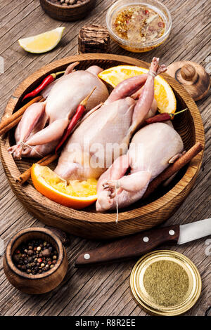 Crudo fresco quaglie e gli ingredienti nel vassoio sul tavolo della cucina Foto Stock