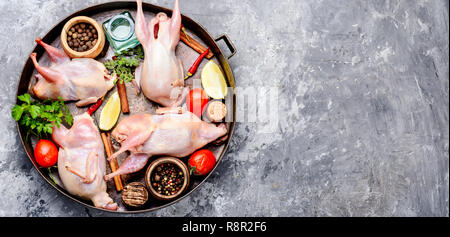 Materie quaglia e ingredienti in un vassoio sul tavolo della cucina Foto Stock