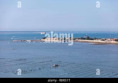 Francia, Charente Maritime, l'Ile d'Aix, barche in un mitilicoltura, la Pointe Sainte Catherine e Fort Boyard (vista aerea) Foto Stock