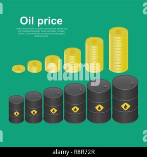 Serbatoi con olio e delle monete in euro dollaro sulla crescente. Concetto di aumento del reddito, le vendite, gli arricchimenti. Isometrica illustrazione vettoriale, 3D stile. Illustrazione Vettoriale