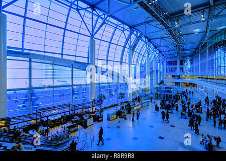 Mosca Domodedovo, Russia - Novembre 9, 2018: Hall dell'Aeroporto Internazionale di Domodedovo a Mosca architettura moderna Foto Stock