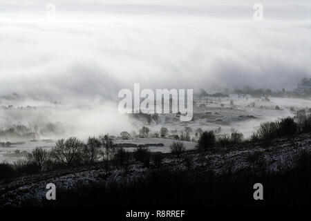 Alberi e campi coperti nella nebbia su una suggestiva e moody inverni di giorno. Malvern Hills, UK. Foto Stock