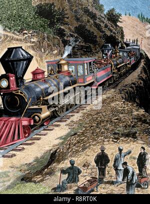 Gli Stati Uniti. Xix secolo. Un treno della Central Pacific Railroad Company, alimentato da due locomotori, in un tour intorno alla California. Essa raggiungere 7,07 piedi sopra il livello del mare. Incisione da Frank Leslie illustrato giornale. Aprile 1878. Colorati. Foto Stock