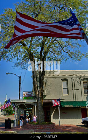 Una bandiera americana vola sett. 25, 2011 a Holly Springs, Mississippi. In fondo è il Tyson farmaco Co. Foto Stock