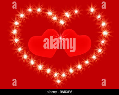 Due 3d cuore rosso in un ambiente di fulgide stelle Foto Stock