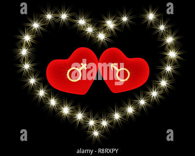 Due 3d cuore rosso in un ambiente di fulgide stelle Foto Stock