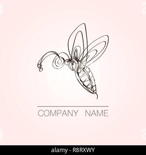 Linea continua bee logo design. Disegnato a mano emblema del vettore. Illustrazione Vettoriale