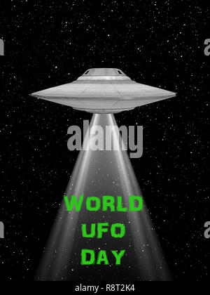 Ufo volare astronave. Mondo UFO giorno. Flying Saucer. Foto Stock
