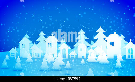 Allegra 3d illustrazione della carta di Natale case e abeti in piedi sotto la forte tempesta di neve da incantevoli fiocchi di neve. Essi creano l'atmosfera di celebra Foto Stock