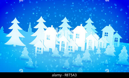 Allegro 3d illustrazione della carta di Natale case e chiese con windows e camini per Santa Claus e abeti sotto la caduta di fiocchi di neve. Essi Foto Stock