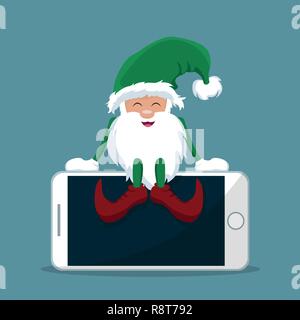 Elf di Babbo Natale seduto sulla parte superiore del telefono cellulare Illustrazione Vettoriale