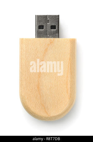 Vista superiore del legno e di unità flash USB isolato su bianco Foto Stock