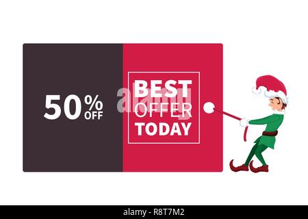 Santa Claus elf tirando la promozione e lo sconto poster per natale Illustrazione Vettoriale