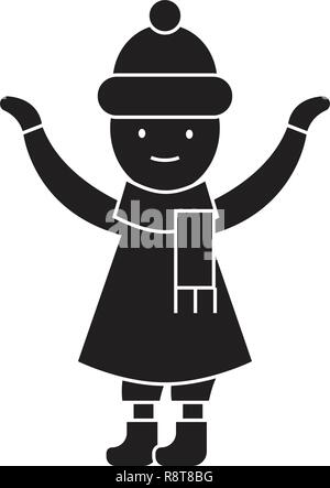 Ragazza con una sciarpa in inverno nero concetto vettoriale icona. Ragazza con una sciarpa in inverno illustrazione piana, segno Illustrazione Vettoriale