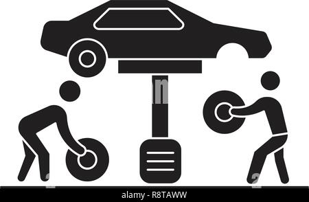 Sostituzione pneumatici nero concetto vettoriale icona. Sostituzione pneumatici figura piana, segno Illustrazione Vettoriale