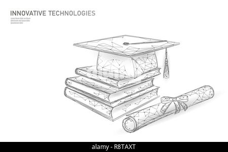 L'E-learning distanti certificato di laurea il concetto di programma. Bassa poli 3D render cappuccio di graduazione, libri, diploma poligonale design moderno modello di pagina di intestazione. Internet istruzione corso di laurea illustrazione vettoriale Illustrazione Vettoriale