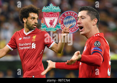 Kiev, Ucraina. Xvii Dec, 2018. FOTOMONTAGE: Hammerlos: Bayern soddisfa in Champions League knockout round su Liverpool. Mohamed Salah (Liverpool) incontra Robert LEWANDOWSKI (FC Bayern Monaco di Baviera) nella finale di Champions League su 13.02.2019. Calcio | Utilizzo di credito in tutto il mondo: dpa/Alamy Live News Foto Stock