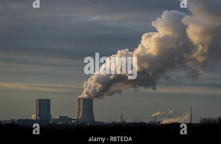 17 dicembre 2018, Sassonia, Espenhain: Il Lippendorf power station con il suo vapore torri di raffreddamento può essere visto da Espenhain dietro il Lago di Hain. All inizio del mese di dicembre, la città di Lipsia ha annunciato che stava progettando di ridurre gradualmente il teleriscaldamento di lignite. Un futuro concetto di municipale di pubblica utilità è giunta alla conclusione che la fornitura di calore potrebbe anche essere ottenuto senza consegne da alimentato a lignite power plant in Lippendorf. In un documento di posizione ora diversi sindaci dalla zona sud di Lipsia come pure l'amministratore del distretto amministrativo di distr Foto Stock