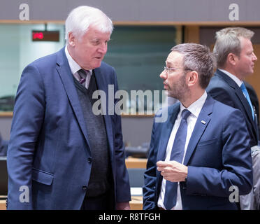 06 dicembre 2018, Belgio, Brüssel: 06.12.2018, il Belgio, Bruxelles: Ministro tedesco degli interni, la costruzione di comunità e Horst Seehofer Lorenz (L) sta parlando con il ministro austriaco degli Interni, Presidente del Consiglio Herbert Kickl (R) prima un UE Affari interni dei ministri riuniti a Palazzo Justus Lipsius, il Consiglio europeo ha sede il 6 dicembre 2018 a Bruxelles, in Belgio. I Ministri sono attesi per discutere di una proposta di regolamento sulla frontiera europea e Guardia Costiera. Herbert Kickl è membro del Partito della libertà austriaco (FP ) una destra populista e nazionale-conserva Foto Stock