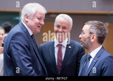 06 dicembre 2018, Belgio, Brüssel: 06.12.2018, il Belgio, Bruxelles: Ministro tedesco degli interni, la costruzione di comunità e Horst Seehofer Lorenz (L) sta parlando con il ministro austriaco degli Interni, Presidente del Consiglio Herbert Kickl (R) prima un UE Affari interni dei ministri riuniti a Palazzo Justus Lipsius, il Consiglio europeo ha sede il 6 dicembre 2018 a Bruxelles, in Belgio. I Ministri sono attesi per discutere di una proposta di regolamento sulla frontiera europea e Guardia Costiera. Herbert Kickl è membro del Partito della libertà austriaco (FP ) una destra populista e nazionale-conserva Foto Stock