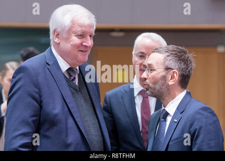 06 dicembre 2018, Belgio, Brüssel: 06.12.2018, il Belgio, Bruxelles: Ministro tedesco degli interni, la costruzione di comunità e Horst Seehofer Lorenz (L) sta parlando con il ministro austriaco degli Interni, Presidente del Consiglio Herbert Kickl (R) prima un UE Affari interni dei ministri riuniti a Palazzo Justus Lipsius, il Consiglio europeo ha sede il 6 dicembre 2018 a Bruxelles, in Belgio. I Ministri sono attesi per discutere di una proposta di regolamento sulla frontiera europea e Guardia Costiera. Herbert Kickl è membro del Partito della libertà austriaco (FP ) una destra populista e nazionale-conserva Foto Stock
