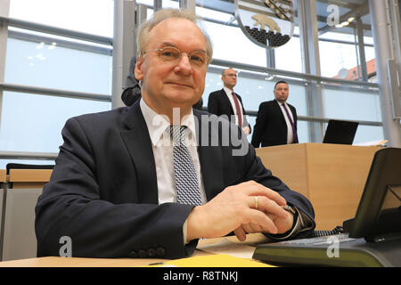 Magdeburg, Germania. Xviii Dicembre, 2018. Reiner Haseloff (CDU), il primo ministro del Land Sassonia-Anhalt, si siede nella sala plenaria del Parlamento di stato. Il parlamento statale in Magdeburg è discutere il bilancio per il 2019. Il governo dello stato vuole spendere un totale di 11,5 miliardi di euro. Credito: Pietro Gercke/dpa-Zentralbild/dpa/Alamy Live News Foto Stock