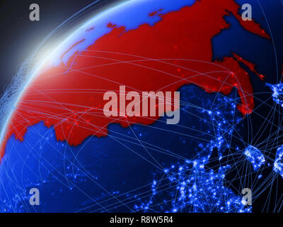 La Russia sul modello di green Planet Earth con le reti internazionali. Concetto di blu di comunicazione digitale e la tecnologia. 3D'illustrazione. Elementi del Foto Stock