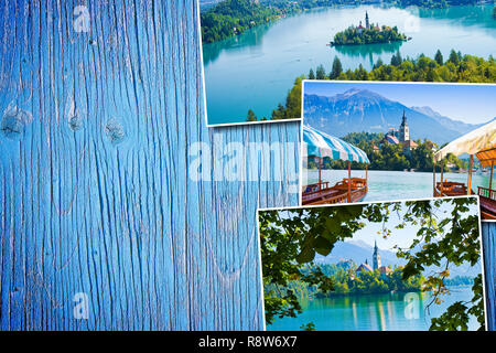 Lago di Bled, il più famoso lago della Slovenia con l'isola della chiesa (Europa - Slovenia) - Concetto Postards su legno colore sfondo - Immagine Foto Stock