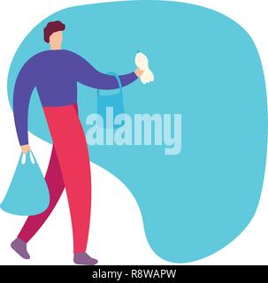 30 anni giovane con sacchetti di carta nelle mani di camminare sulla strada dello shopping e alla ricerca di negozio di marca con grande vendita per i clienti nel Venerdì nero. Elegante acquirente maschio con pacchetti godendo il tempo libero Illustrazione Vettoriale