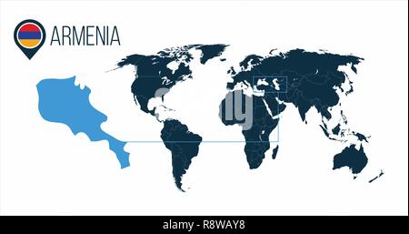Armenia posizione sulla mappa del mondo per infographics. Tutti i paesi del mondo senza nomi. Armenia round tricolore nella mappa il pin o il marcatore. illustratio vettore Illustrazione Vettoriale