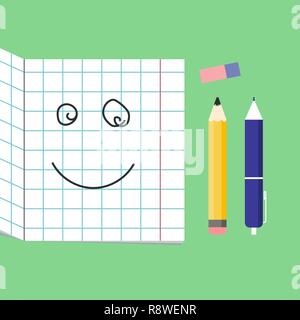 Sorridente carino forniture scolastiche utilizzati nella classe Math, della geometria o della scienza per i compiti, Habituate kid card o poster. Illustrazione Vettoriale