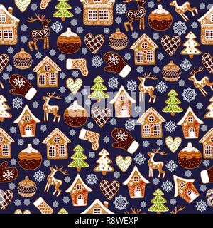 In inverno i modelli senza giunture con gingerbread cookie. Vacanze sfondo vettoriale. Illustrazione Vettoriale