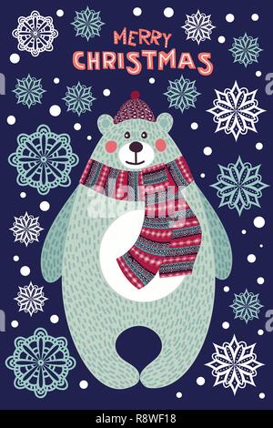 Vettore d'arte colorata illustrazione di Natale con Cartoon carino Orso e i fiocchi di neve. Illustrazione Vettoriale