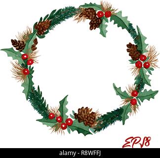 Ghirlanda di Natale con holly impianto, Abete rami e pigne nelle quali. Dipinto a mano illustrazione ad acquerello su sfondo bianco. Telaio del modello per il vostro de Illustrazione Vettoriale