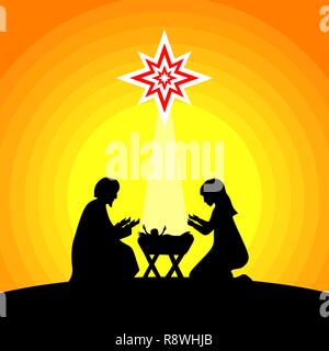 Racconto biblico. Storia di Natale. Maria e Giuseppe con il Bambino Gesù. Scena della Natività nei pressi della città di Betlemme. Illustrazione Vettoriale