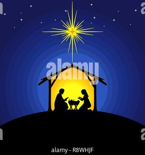 Racconto biblico. Storia di Natale. Maria e Giuseppe con il Bambino Gesù. Scena della Natività nei pressi della città di Betlemme. Illustrazione Vettoriale