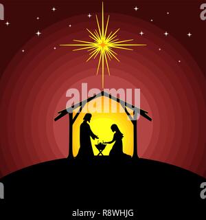 Racconto biblico. Storia di Natale. Maria e Giuseppe con il Bambino Gesù. Scena della Natività nei pressi della città di Betlemme. Illustrazione Vettoriale