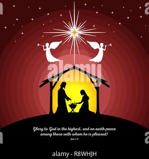 Racconto biblico. Storia di Natale. Maria e Giuseppe con il Bambino Gesù. Scena della Natività nei pressi della città di Betlemme. Illustrazione Vettoriale