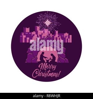 Racconto biblico. Storia di Natale. Maria e Giuseppe con il Bambino Gesù. Scena della Natività nei pressi della città di Betlemme. Illustrazione Vettoriale