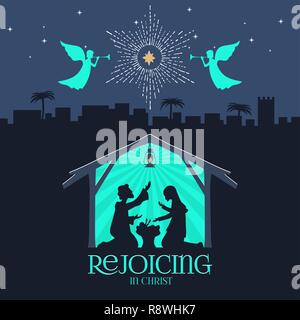 Racconto biblico. Storia di Natale. Maria e Giuseppe con il Bambino Gesù. Scena della Natività nei pressi della città di Betlemme. Illustrazione Vettoriale