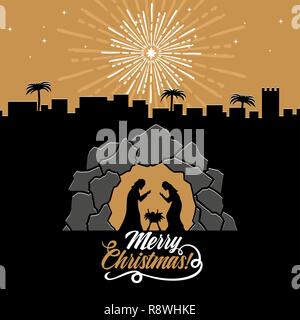 Racconto biblico. Storia di Natale. Maria e Giuseppe con il Bambino Gesù. Scena della Natività nei pressi della città di Betlemme. Illustrazione Vettoriale