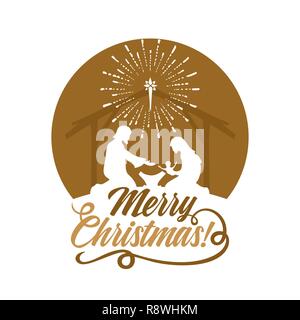 Racconto biblico. Storia di Natale. Maria e Giuseppe con il Bambino Gesù. Scena della Natività nei pressi della città di Betlemme. Illustrazione Vettoriale