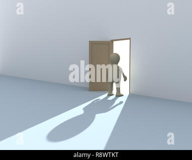 3d persona puppet in corrispondenza di una porta aperta Foto Stock