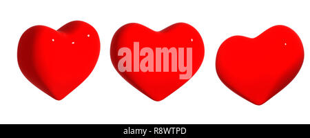 Tre cuori di colore rosso. Scopo su bianco Foto Stock